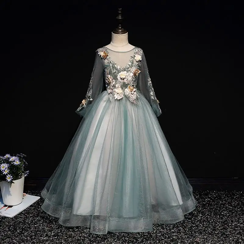 Новое Детское свадебное Тюлевое Сетчатое длинное платье для девочек-подростков, платье принцессы с цветочной вышивкой, нарядный классический наряд платье F40