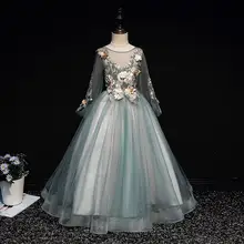 Новое Детское свадебное Тюлевое Сетчатое длинное платье для девочек-подростков, платье принцессы с цветочной вышивкой, нарядный классический наряд платье F40