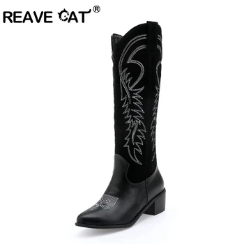 

REAVE CAT Mid-Calf Boots for Women Round Toe Square Heel Slip-on Totem Flock Boots Big Size 34-43 Black Brown