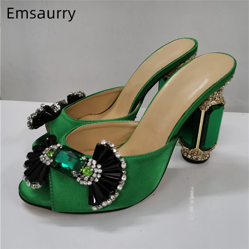 

Emerald Diamond Candy Butterfly-knot Slippers Women Luxury Satin Open Toe Jeweled Rhinestone High Heel Shoes Woman