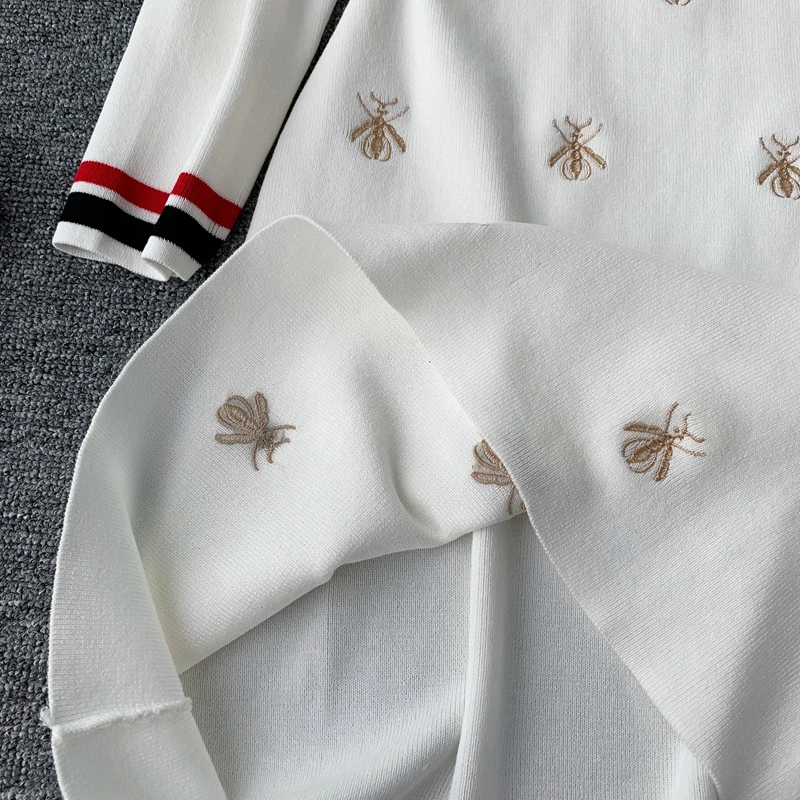 ALPHALMODA осеннее Новое вязаное платье поло с вышивкой пчелы с длинным рукавом трапециевидной формы, элегантный женский свитер с вышивкой Vestidos