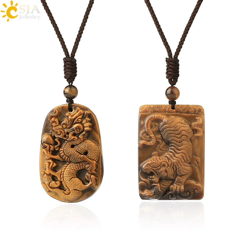CSJA Natural Stone Yellow Tiger Eye Necklaces for Men Carving Fox Dragon Buddha Necklace Pendant Healing Energy Good Luck G716 | Украшения