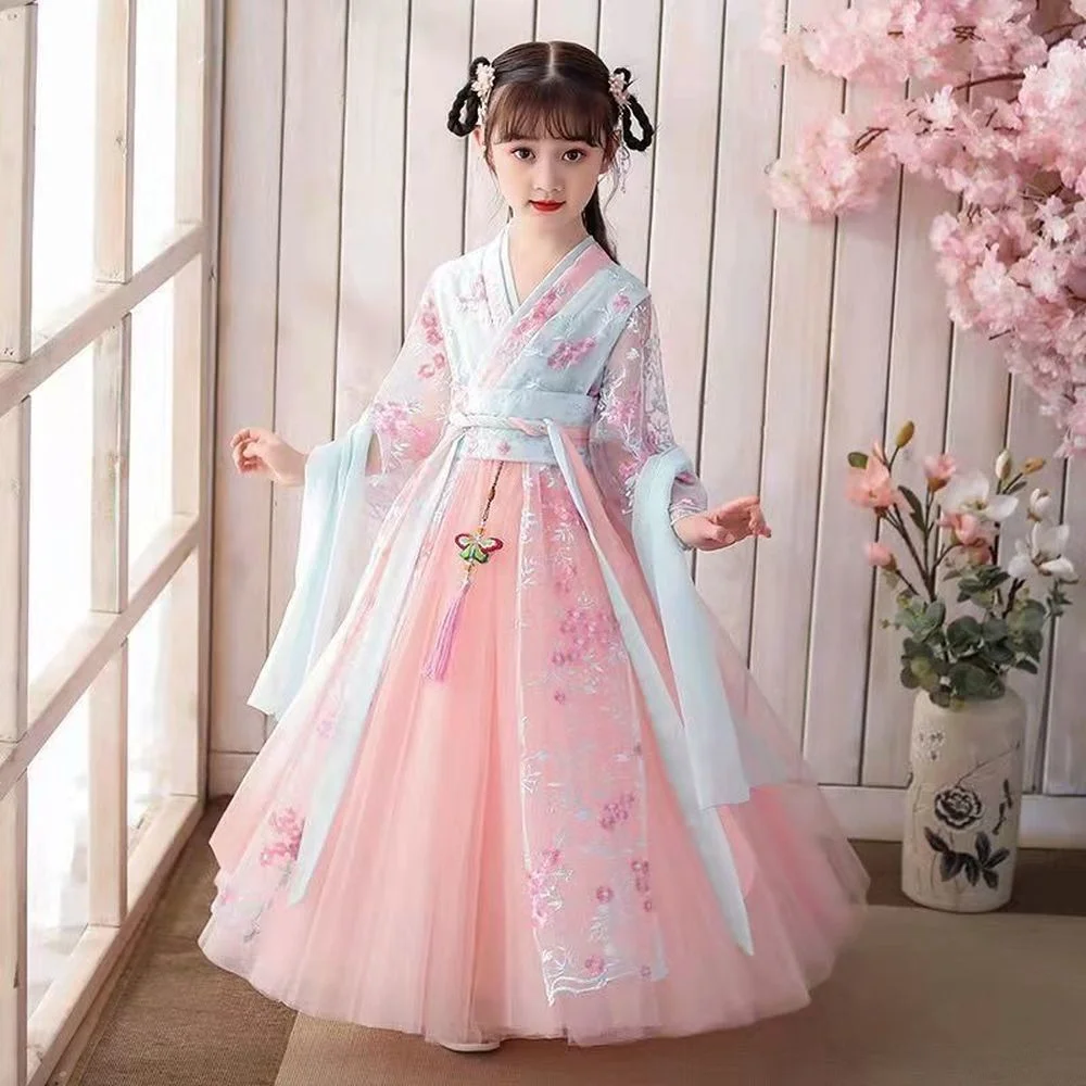 2022 New Lovey Flower Girls Dresses Vintage Kids Tang Suit Dresses Girls Chinese Hanfu Clothes Traditional Chinese Garments