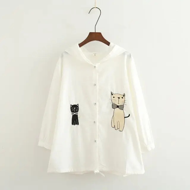 

S8590 Japanese-style Playful Soft Girl Cute Cat Embroidery Hooded Casual Coat Women's Thin Three-quarter-length Sleeve Coat