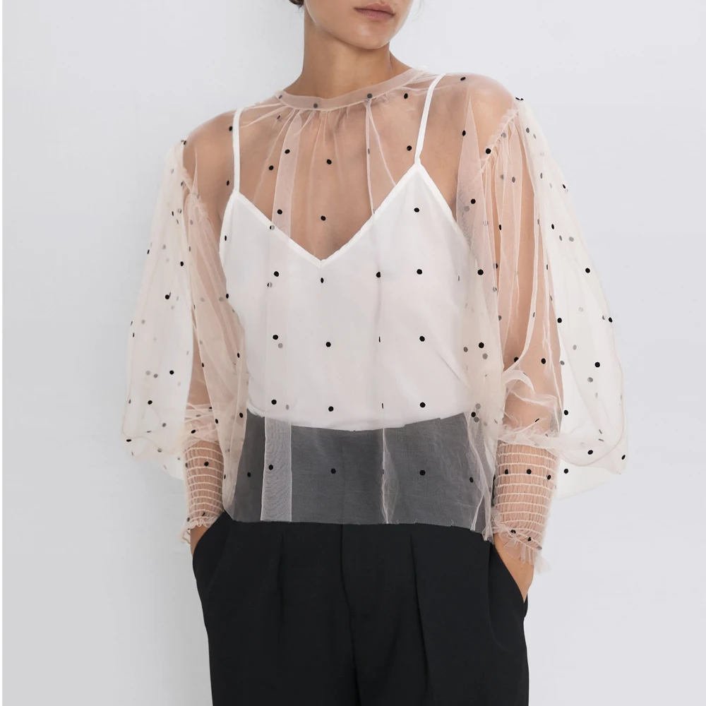 2019 za acutmn Женская SEMI SHEER блузка в горошек сексуальные прозрачные женские сетчатые