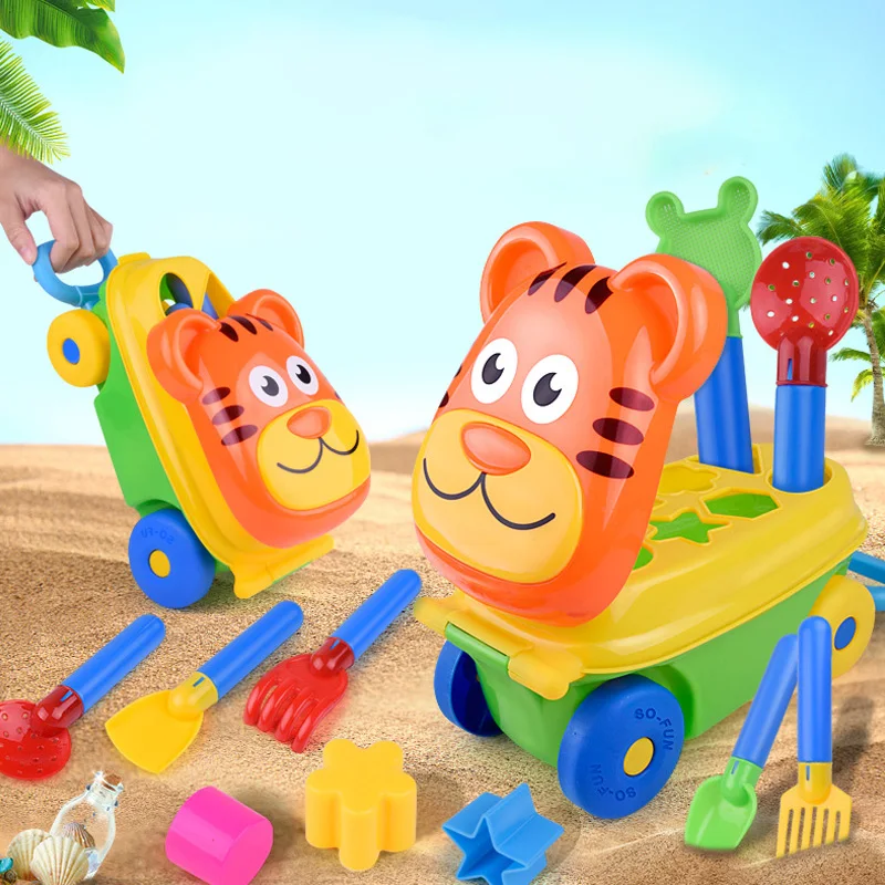 15Pcs Beach Swim Toys Car Trolley Sand Play Toy Set Organizer Bucket For Kids Eco-Friendly Colorful Plastic Unique Shapes