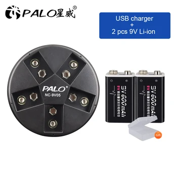 

PALO 2-6pcs li-ion 600mAh 9 volt rechargeable lithium batteries 9V 6f22 battery+usb smart 9V battery charger for nimh li-ion 9V