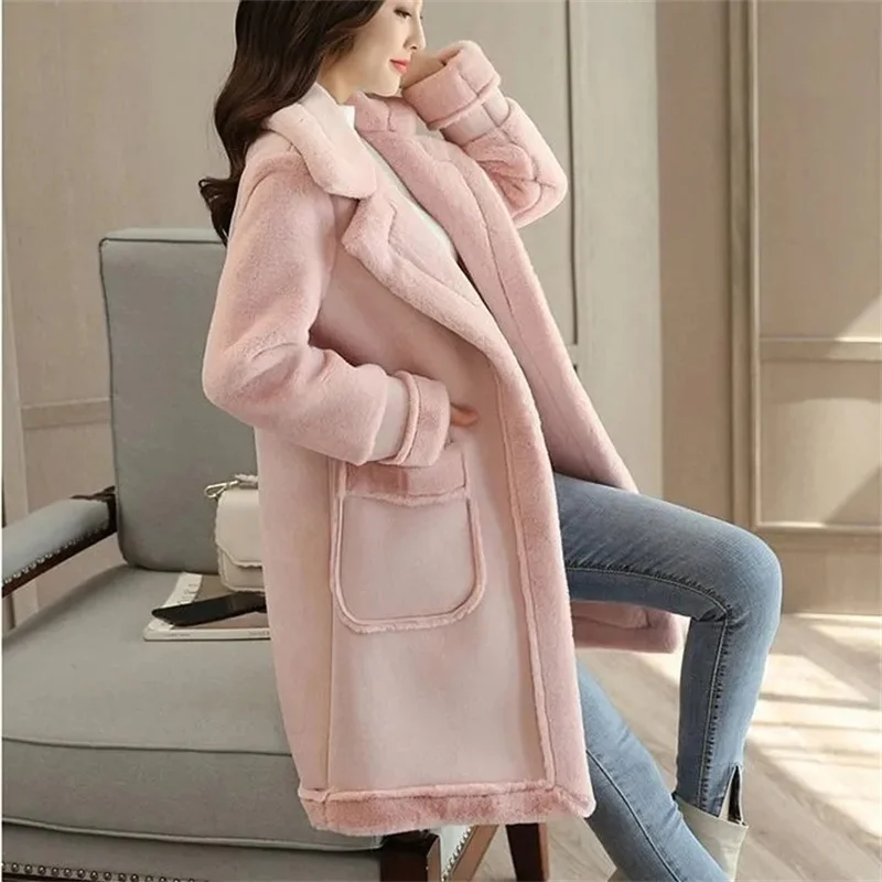 2023 Winter Warm Coat Plush Thick Lamb Wool Coat Women's Mid-Long Thick Velvet Loose Deerskin Plush Fur Coat Female Warm Jackets