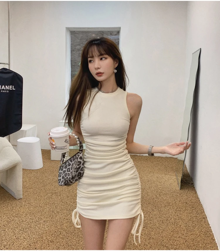 2021 New Pale yellow Knitted Tight Dress Women Summer Round Neck Sleeveless  Pleated Drawstring Slim Sexy Mini Dress - AliExpress Women's Clothing