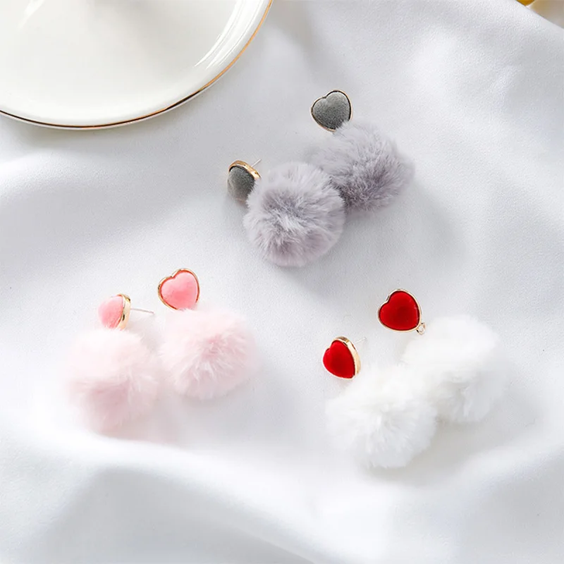 

ZG Plush Ball Heart Cute Sweet Autumn Fall Winter 2019 New Anti-allergy Women Girl Stud Earrings Korean Japan Fashion Jewelry