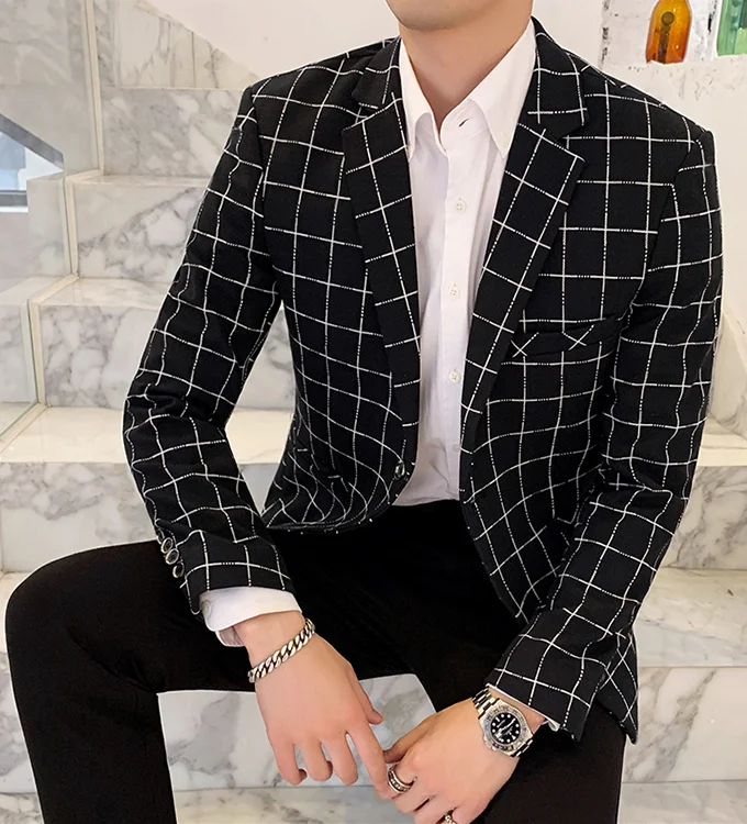 Autumn Winter Men Dress Suit High Quality Slim Fit Men Blazer Jacket Size S M L XL XXL XXXL Business Lattice Blazers Men Jackets - Цвет: Черный