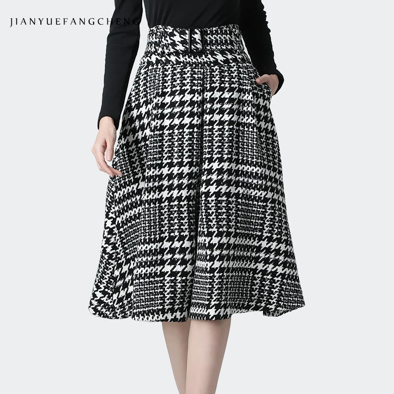 Plaid Модная женская шерстяная юбка с высокой талией размера плюс трапециевидные клетчатые юбки с ремнем и карманами Корейская женская зимняя юбка миди - Цвет: Plaid