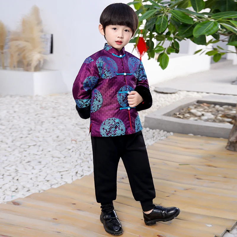 Tang/детский топ Cheongsam для мальчиков; Утепленные зимние костюмы Qipao из сатина; костюмы для малышей; свадебное китайское платье с длинными рукавами для девочек