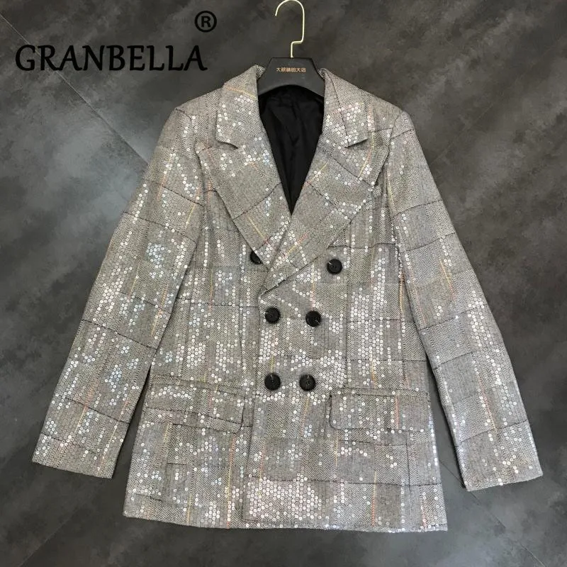 

High Street Unique Designer European Luxury Top Quality Women Runway Sequined Blazers Double Breasted Slim Black Blazer