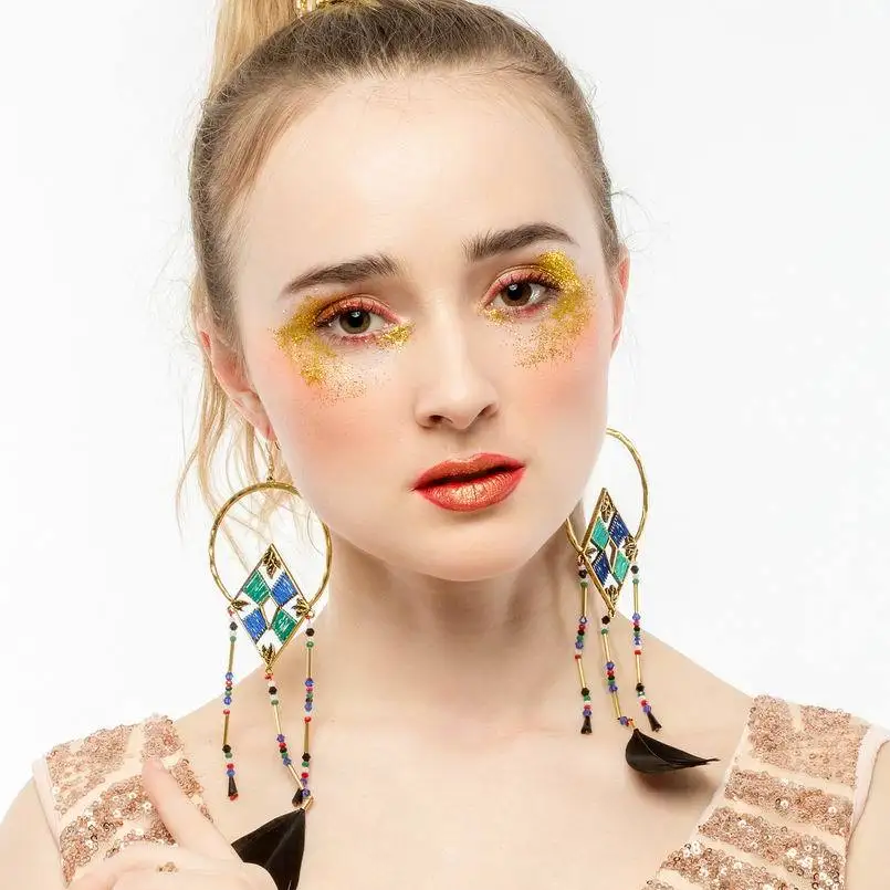 Кулон с черными перьями этнические золотые металлические бусины Длинные