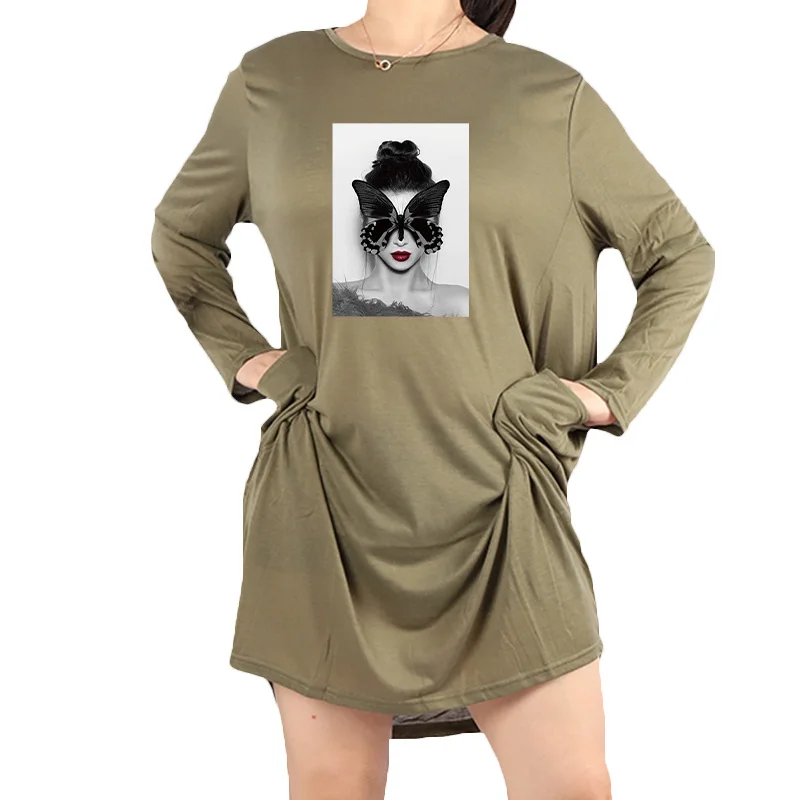 Plus Size Nordic Art Dress Butterfly Girl Cool Women Midi Dresses O-Neck Autumn Thin Long Sleeve Pockets Loose Party Vestidos