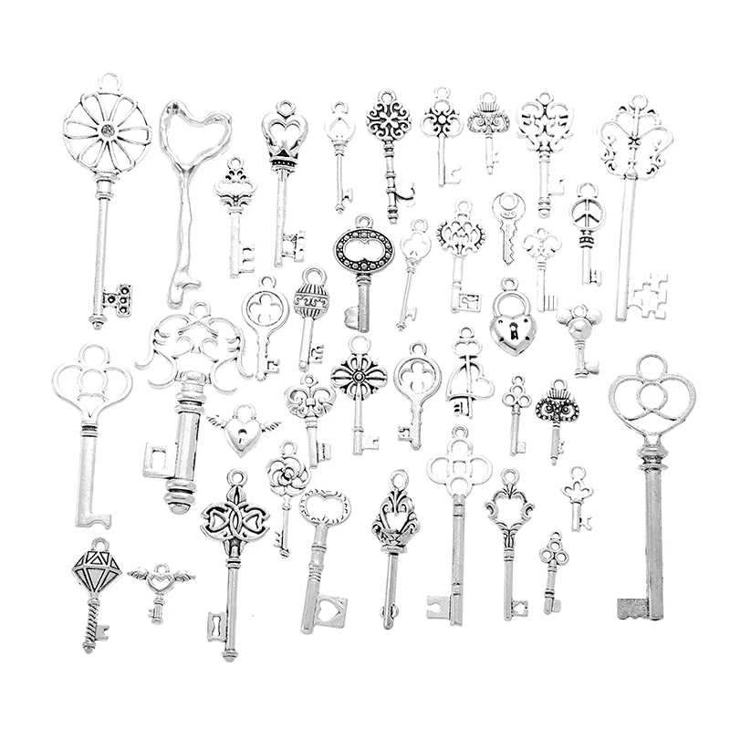 Mix sale Antique silvere colour Charms metal key & Crown & moon & Snowflake Pendants for Jewelry Making DIY Handmade Craft