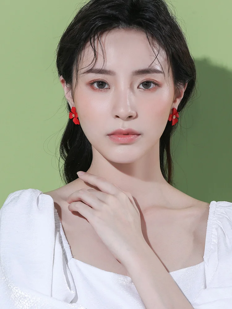 

zq Flower Red Earrings Stud Earrings Women 'S Sterling Silver Korean-Style High-Grade Earrings