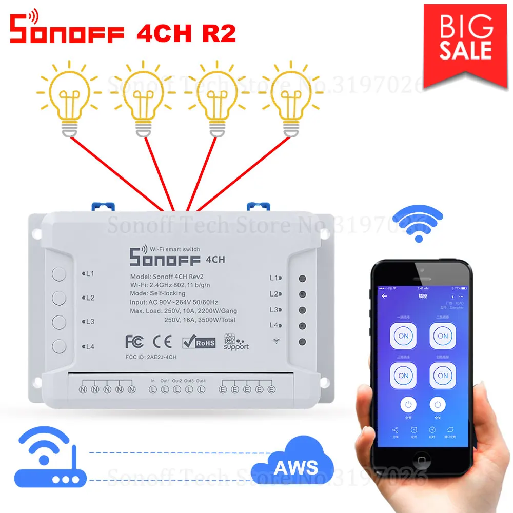 Itead Sonoff 4CH R2 умный Wifi переключатель 4 банды дом пульт дистанционного управления