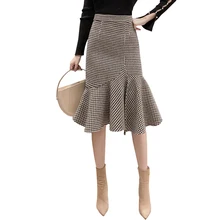 Элегантная клетчатая юбка Женская осенне-зимняя высокая талия миди оборки юбка-годе Женская Сторона Сплит бедра пакет Faldas Jupe Femme