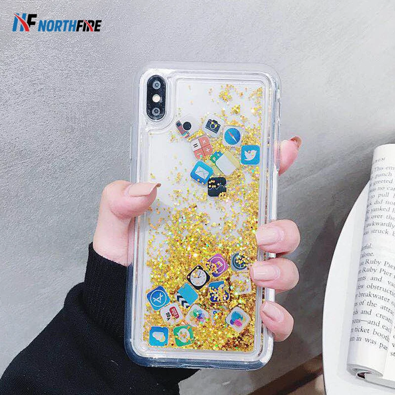 

NORTHFIRE Quicksand Clear Case For iPhone X XS MAX XR Dynamic Liquid Case for iPhone 7 8 6plus Cover Cute APPS ICON Hard PC Case
