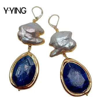 

Y·YING natural Cultured Gray Keshi Pearl Blue Lapis With Gold color Plated Edge Lever Back dangle Earrings for women