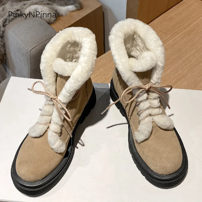 

Luxury women cowhide suede winter ankle boots outdoor wild snowing real wool lining plus size durable ladies vintage booties