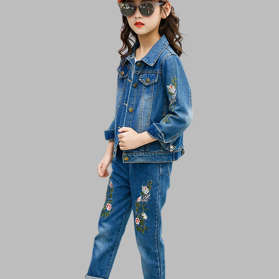 Джинсовая одежда для девочек пальто с цветочной вышивкой+ джинсы, комплекты одежды для девочек весенне-осенний комплект одежды для детей 6, 8, 10, 12, 14 лет