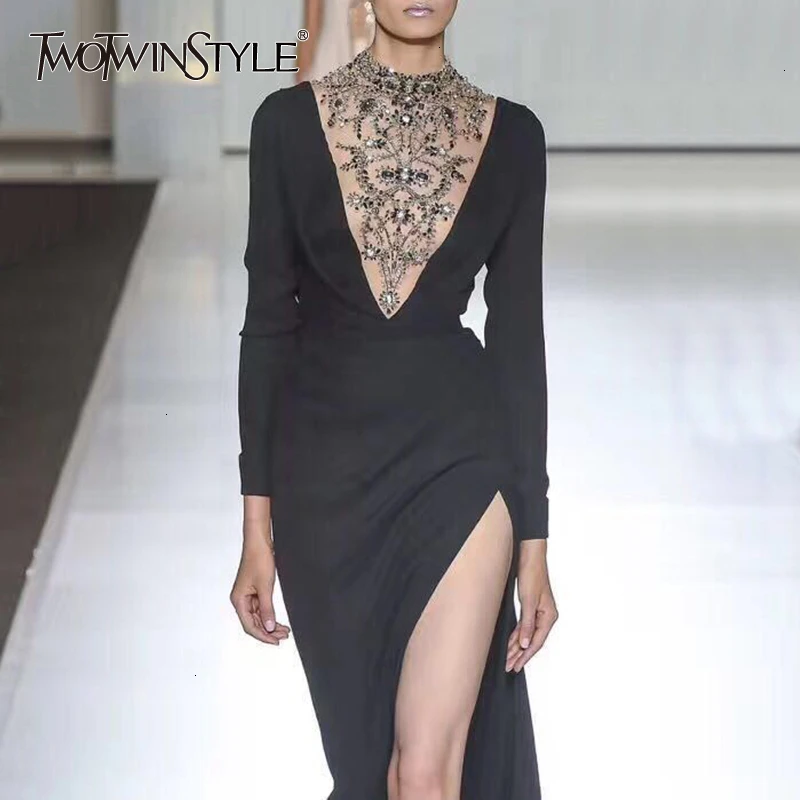 TWOTWINSTYLE элегантное лоскутное платье с пайетками и бисером для женщин водолазка