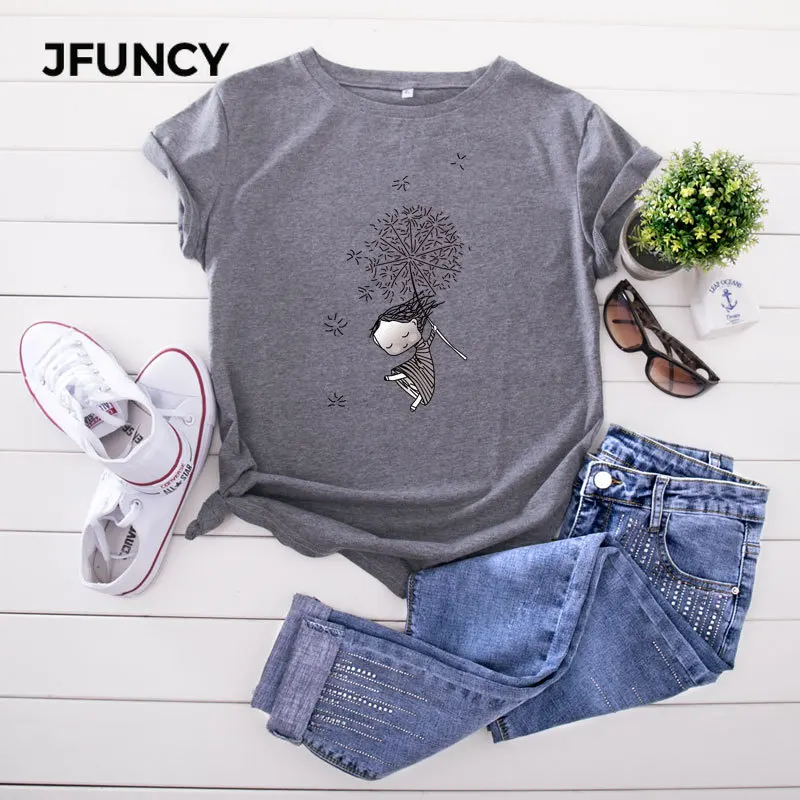 Футболка JFUNCY женская с коротким рукавом Модный хлопковый топ принтом