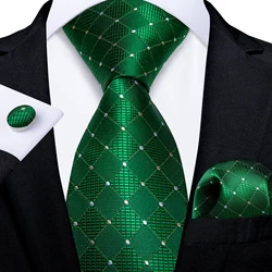 Green Blue Plaid Dot Designer Mens Silk Tie Set Handkerchief Cufflinks Luxury Wedding Party Neck Tie For Men Accessories Gift