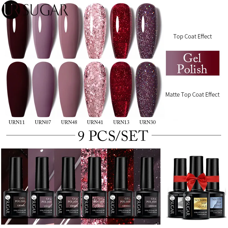 UR SUGAR Gel Nail Polish Set Autumn Winter Glitter Semi Permanent Soak Off UV LED Varnishes Base Top Matte Coat Manicure | Красота и