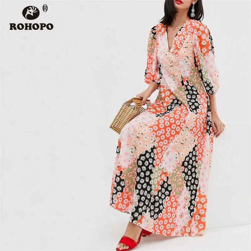 

ROHOPO Stain Patchaork Daisy Midi Dress Short Autumn Holiday Mid Calf Elegant Vintage Robe #2370