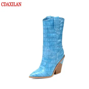 

CDAXILAN new to women's boots Stone grain Microfiber Leather pointed toe Mid-calf boots super·high heel wedges boots winter