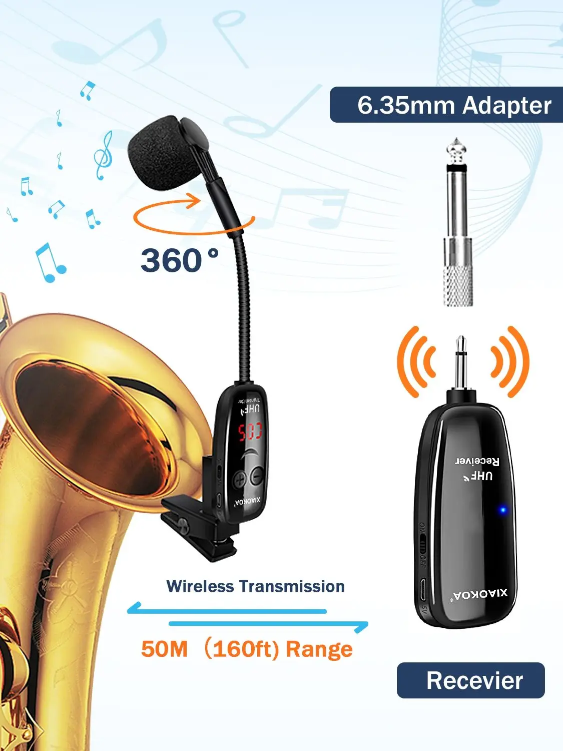 XIAOKOA UHF Wireless Saxophone Microphone System Clip on Musical Instruments Wireless Receiver Transmitter for Saxophone Trumpet