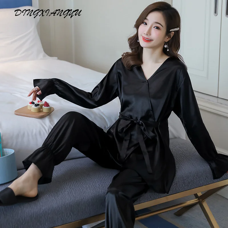 

Pajamas Women Long Sleeve Silk Silk Autumn Korean Version of the Kimono Japanese Loose Homewear Set Women's Pajama