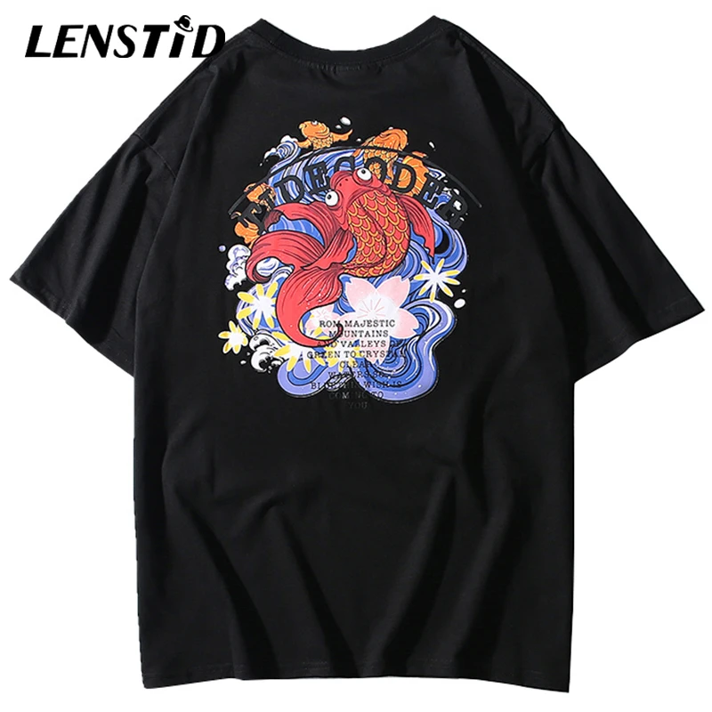 LENSTID Мужская хип-хоп Цветочная кои Футболка с принтом рыб уличная Harajuku футболка с коротким рукавом хлопок Повседневная футболка модные топы тройники