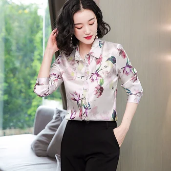 

COIGARSAM Full Sleeve Shirt Womens tops New Spring Floral Print Silk Women shirts 0206