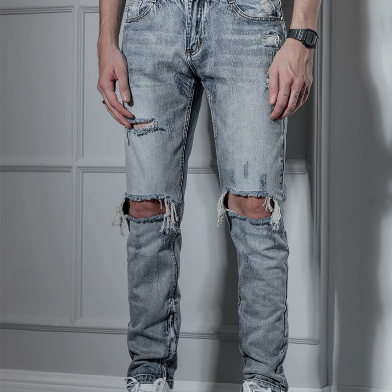 

Pants with Zipper at the bottom, holes in the knees, Jeans hip-hop hip-hop men's high street chic pants, baggy pants