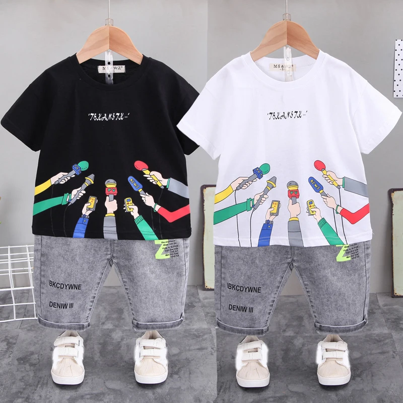 

2022 New Summer Cartoon Microphone Boys Clothing Set Cute T-shirt And Jeans 2Pcs Suit For Kids Children Pure Cotton Clothes