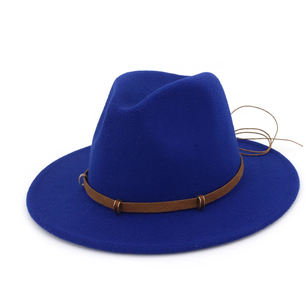 Blue Ретро Мужская и Женская шерстяная шляпа Fedora широкий джазования с полями шляпа леди зима осень чародейная шляпка для церкви размер 56-58 см - Цвет: Blue