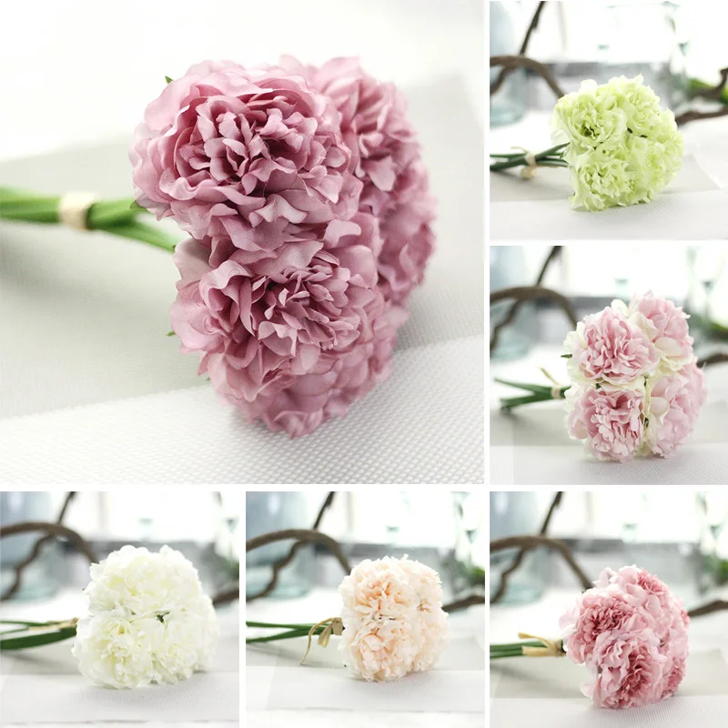 5 Head Silk Artificial Peony Flowers Hydrangea Fake Leaf Wedding Bridal Party