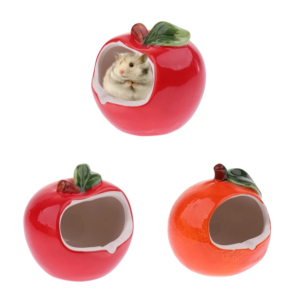Ceramic Cartoon Apple/Orange Shape Hamster House Summer Cooling Small Animal Pet Nesting Habitat Cage Accessories
