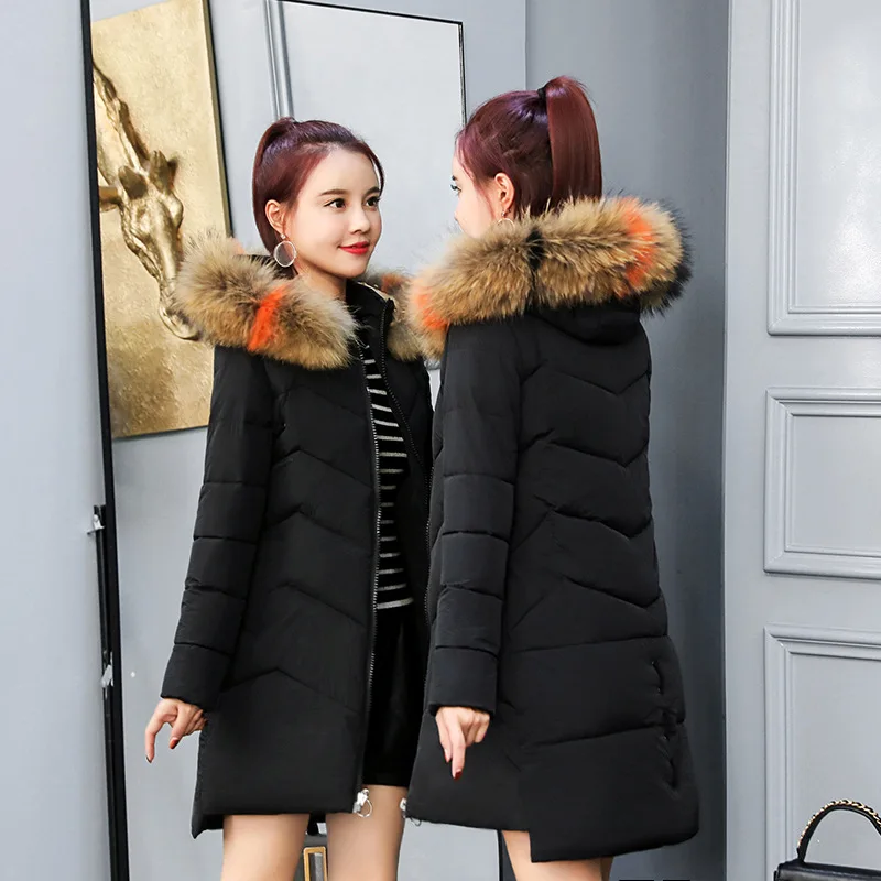 Зимняя хлопковая стеганая одежда, Женская плотная облегающая пуховая куртка, стиль, большой меховой воротник, средней длины, полиэфирное волокно W