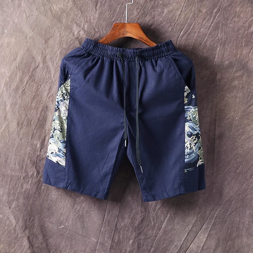 Navy blue Летние мужские шорты кэжуал льняные и хлопковые однотонные свободные трусы, высокая посадка, на шнурке, мягкие удобные льняные шорты-бермуды Большие размеры 5XL - Цвет: Navy blue