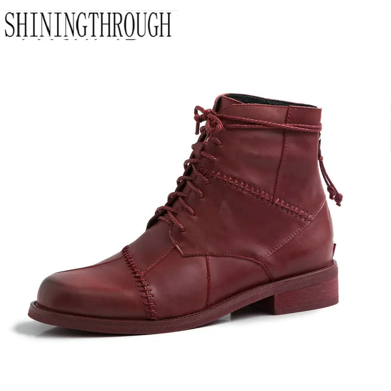 

Genuine Leather Women Side Zipper Ankle Boots Winter Punk Cross-tied Buckle Riding Boots Quality Night Club Shoes Woman