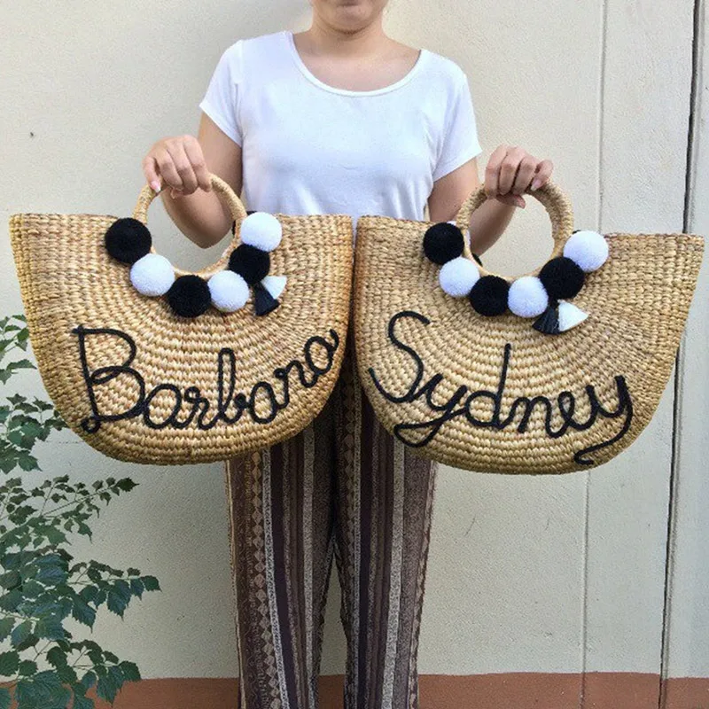 

2020 Fashion Summer Beach Weaving Ladies Straw Bags Pom Pom Handmade Bag Wrapped Moon shaped Top Handle tote bag bridesmaid gift