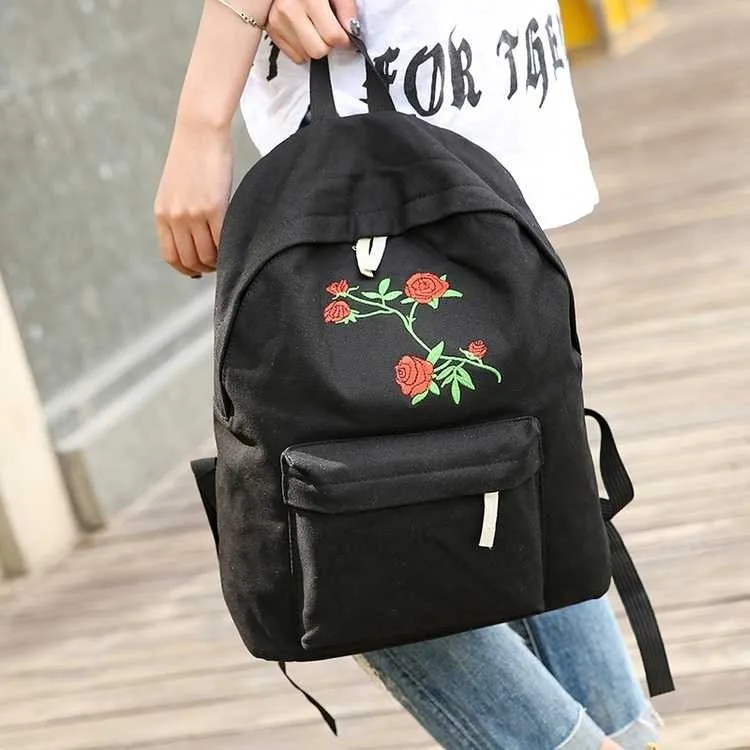Женский холщовый рюкзак с розами, женская школьная сумка, рюкзак с вышивкой розы, рюкзаки для подростков, женские дорожные сумки Mochilas