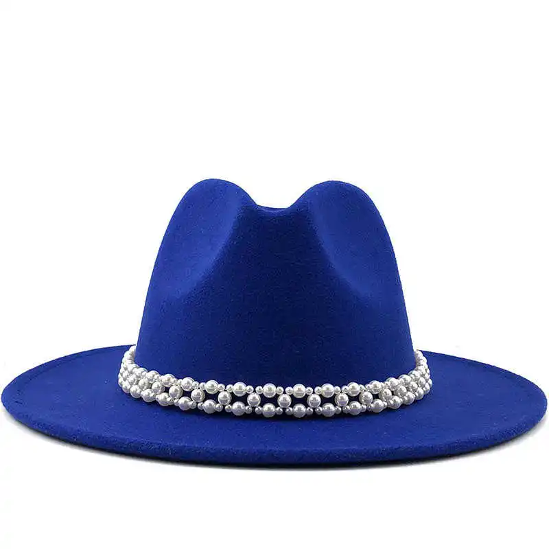 Wełna nowe kobiety kapelusz Fedora z taśma z perłami dżentelmen elegancka dama zima jesień szerokie rondo kościół Panama Sombrero dziewczyna czapka jazzowa