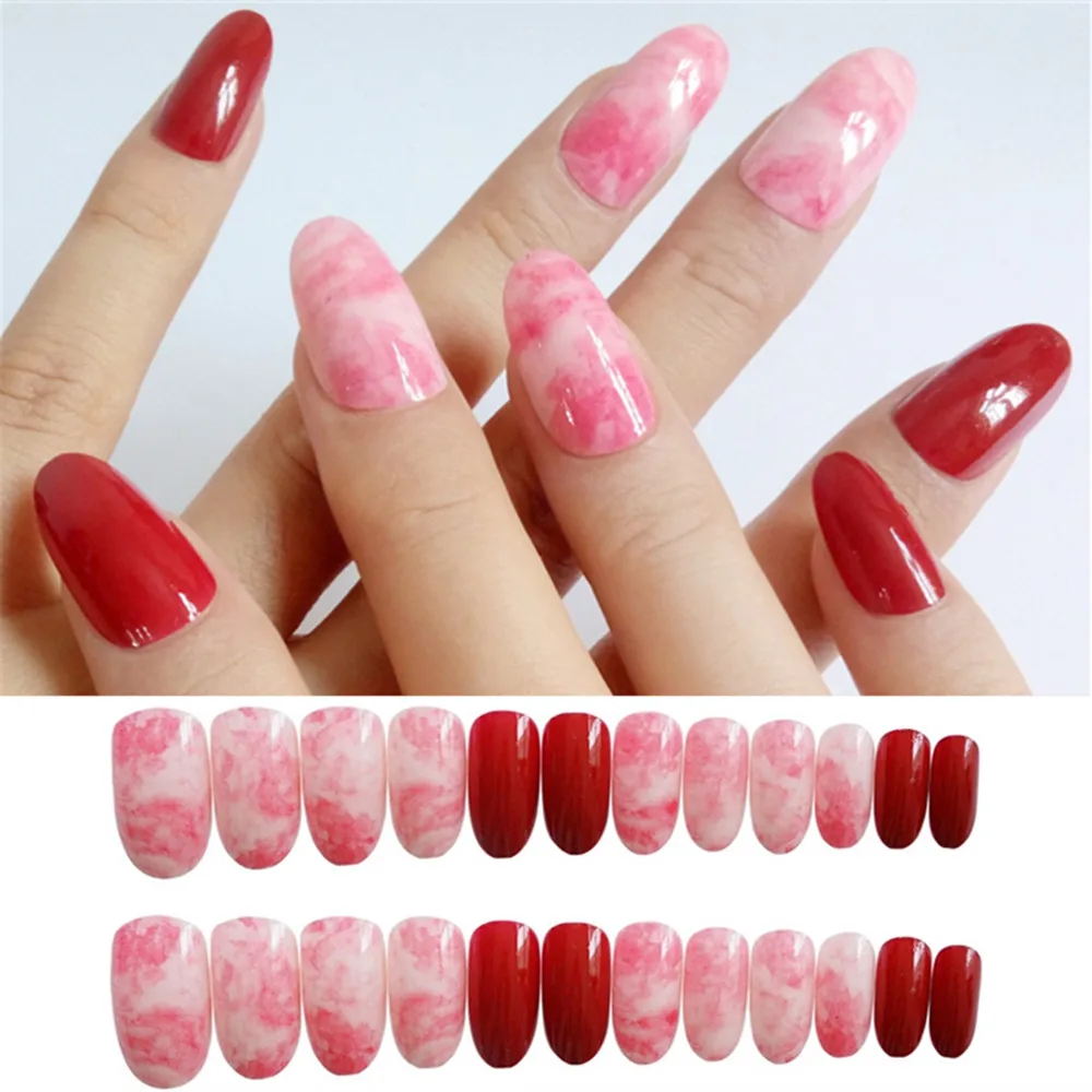

24 Pcs Gradient Marble False Nails With Design Artificial Fake Nails For Lady Finger DIY Nails Art Manicure Tool